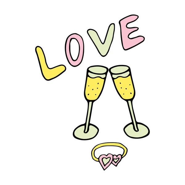 Love illustration with glasses of champagne and ringlet doodlel illustration —  Vetores de Stock