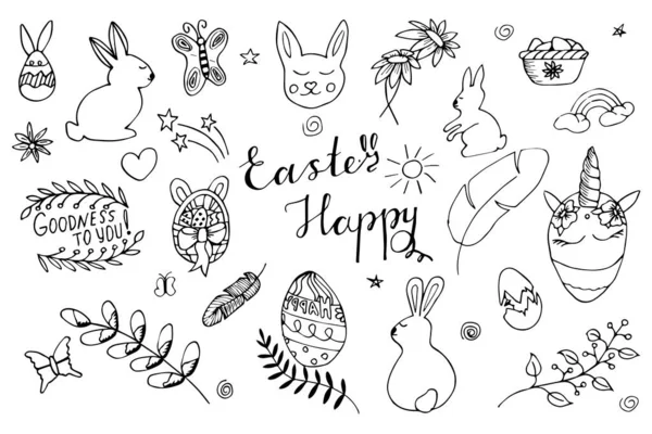 Hand Drawn Set Easter Elements Icons Doodle Sketch Style Vector — Vetor de Stock