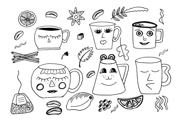 Set of mugs for coffee and tea with cute face emotions doodle — Vettoriale Stock