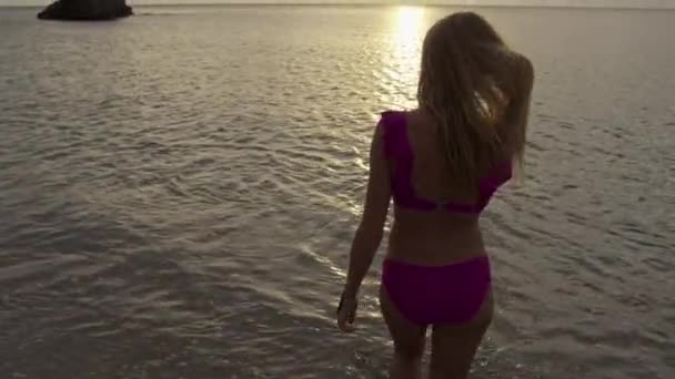 Slow Motion Rear View Tracking Shot Woman Wading Ocean Sunset — Video Stock