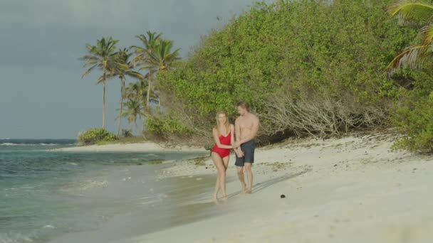 Slow Motion Happy Romantic Couple Holding Hands Walking Beach Petit — стоковое видео