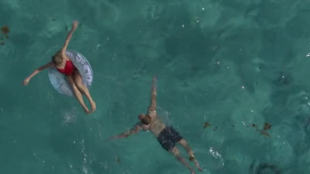 Ilmakuva Parista Uimassa Kellumassa Meressä Tobago Cays Vincent Grenadiinit — kuvapankkivideo