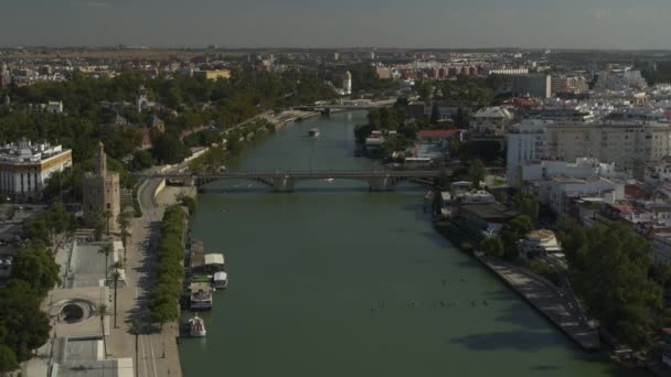 Luchtfoto Van Brug Rivier Stedelijk Waterfront Sevilla Sevilla Spanje — Stockvideo