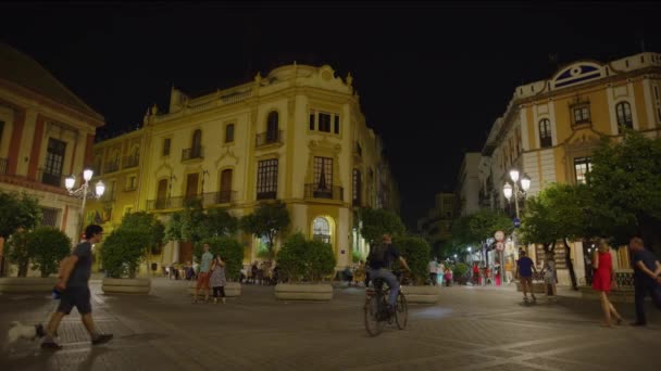 Low Angle View People Walking Plaza Night Seville Sevilla Spain — Stock Video