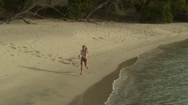 Вид Воздуха Далёкую Женщину Бегущую Океанскому Пляжу Приближающуюся Берегу Анс — стоковое видео