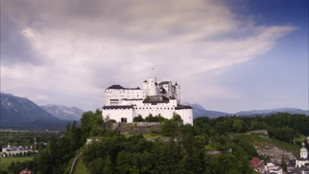 Wide Aerial Panning Shot Fortress Hill Salzburg Austria — Stock Video
