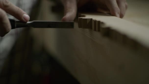 Slow Motion Tilt Hands Man Using Chisel Detail Edge Wood — Stockvideo