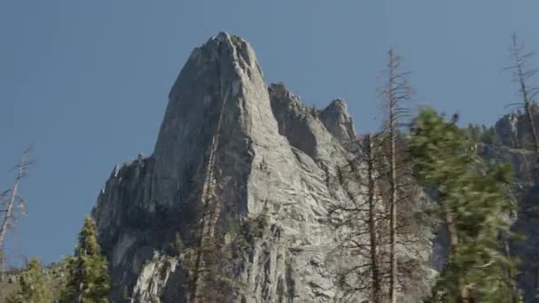 Låg Vinkel Panorering Skott Bergstopp Bakom Träd Yosemite Valley Kalifornien — Stockvideo