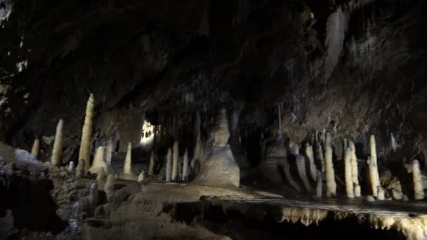 Stalagmieten Stalactieten Het Binnenland Van Punkva Grotten Blansko Tsjechië — Stockvideo