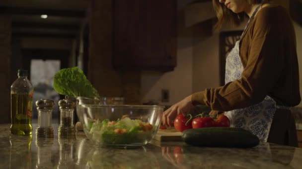 Tilt Woman Slicing Tomatoes Salad Kitchen Cedar Hills Utah United — Stock Video