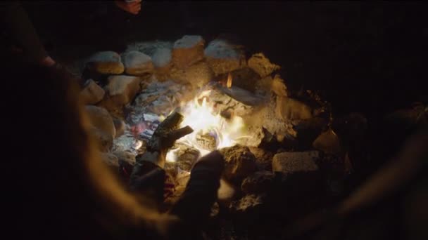 米国ユタ州シーダーヒルズの火災ピットでマシュマロを焙煎する人々の肩のビュー — ストック動画
