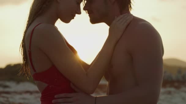 Romantik Çiftin Gün Batımında Sahilde Öpüştüğü Petit Tabac Tobago Cays — Stok video