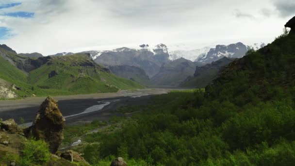 山の風景の中の川の空中飛行ビュー Hvolsvollur Porsmork Iceland — ストック動画