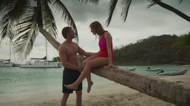 Romantic Couple Flirting Palm Tree Walking Ocean Beach Salt Whistle — стокове відео