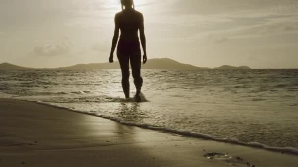 日落时在海滩上走进大海的妇女的慢镜头 圣文森特和格林纳丁斯多巴哥礁詹姆斯比岛 — 图库视频影像