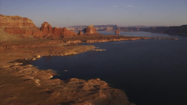 Aerial View Rock Formations Lake Sunset Lake Powell Arizona United — Stock Video