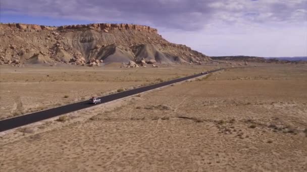 Aerial View Car Truck Passing Remote Desert Road Moore Utah — Stock Video