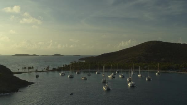 Aerial View Approaching Catamaran Boats Bay Islands Salt Whistle Bay — Stock Video
