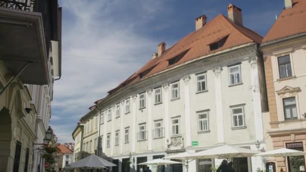 Wide Slow Motion Shot Street Restaurants Shops Ljubljana Slovenia — Stock Video