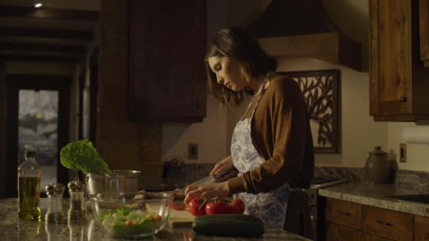 Vista Panorámica Mujer Rebanando Tomates Para Ensalada Cocina Cedar Hills — Vídeos de Stock