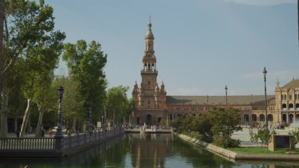 Blick Auf Wassergraben Und Turm Der Plaza Espana Sevilla Sevilla — Stockvideo