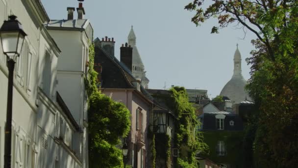 Alacsony Szögű Pásztázó Lövés Fák Építészet Montmartre Környéken Párizs Ile — Stock videók