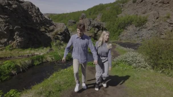 Zwolniony Ruch Romantycznej Pary Spacerującej Ścieżką Islandia — Wideo stockowe