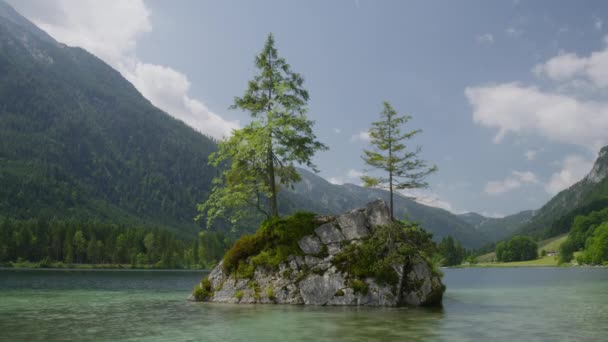 Wide Time Lapse Shot Trees Rock Lake Hintersee Germany — Stock Video