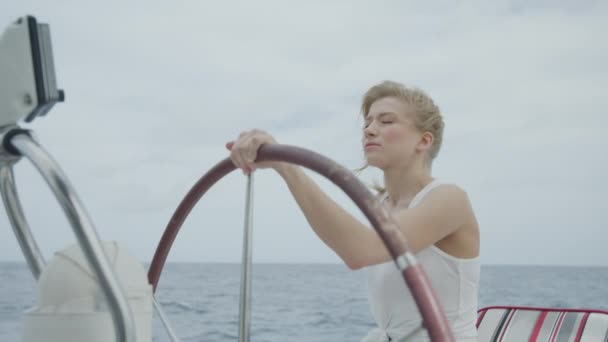 Woman Steering Boat Windy Ocean Vincent Grenadines — стоковое видео