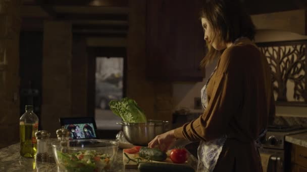Woman Preparing Salad Watching Digital Tablet Kitchen Cedar Hills Utah — Stock Video