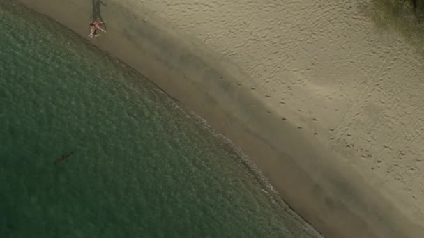 Letecký Pohled Pár Běží Pláži Pak Stříkající Oceánu Vlny Anse — Stock video