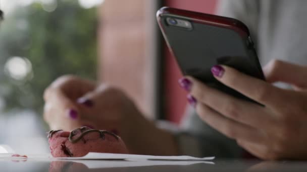 기사보기 솔트레이크 Utah Lake City 쿠키를 휴대폰으로 메시지를 보내는 여성의 — 비디오