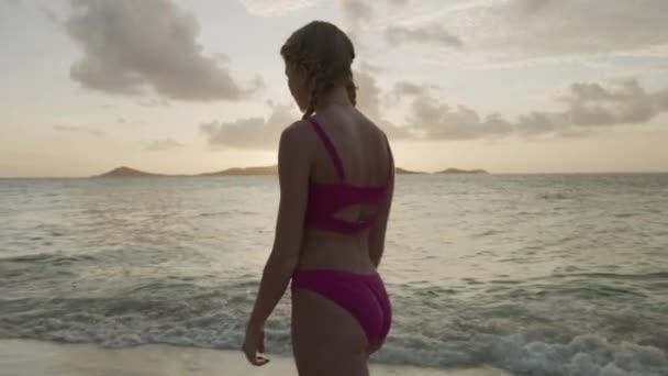Beautiful Woman Walking Beach Sunset Jamesby Island Tobago Cays Vincent — стокове відео
