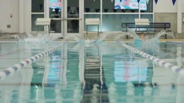 Surface Level View Girls Racing Swimming Pool Lane Provo Utah Stock Video