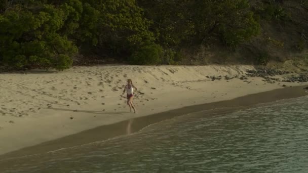Вид Воздуха Далёкую Женщину Бегущую Океанскому Пляжу Anse Roche Bay — стоковое видео