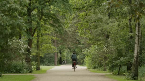 Szerokie Ujęcie Człowieka Jeżdżącego Rowerze Parku Berlin Niemcy — Wideo stockowe