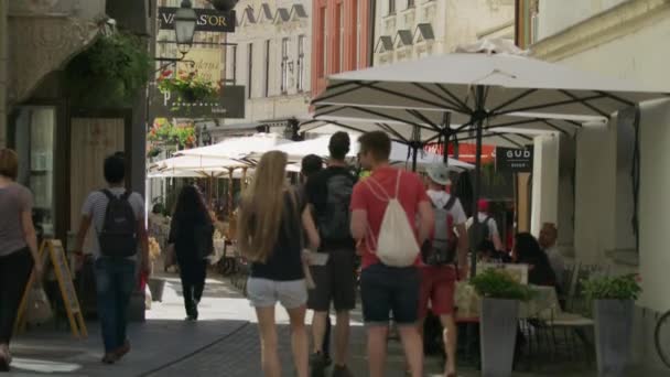 Großaufnahme Einer Belebten Straße Mit Restaurants Und Geschäften Ljubljana Slowenien — Stockvideo
