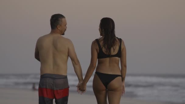 Vista Trasera Cámara Lenta Pareja Cogida Mano Caminando Por Playa — Vídeos de Stock