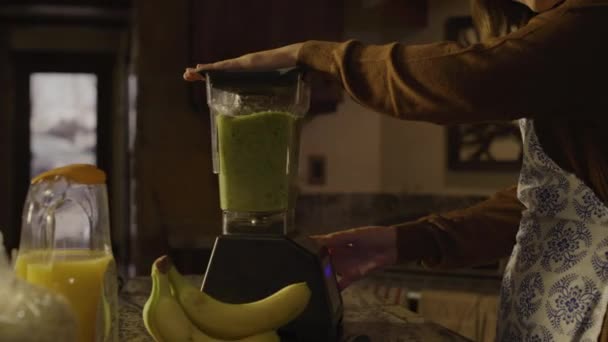 Tilt Woman Preparing Organic Juice Smoothie Kitchen Blender Cedar Hills — Stock Video