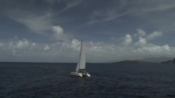 Panning Shot Distant Catamaran Ocean Island Ronde Island Grenada — Stock Video
