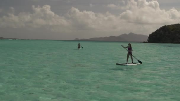 Couple Paddleboarding Ocean Island Tobago Cays Vincent Grenadines — стоковое видео