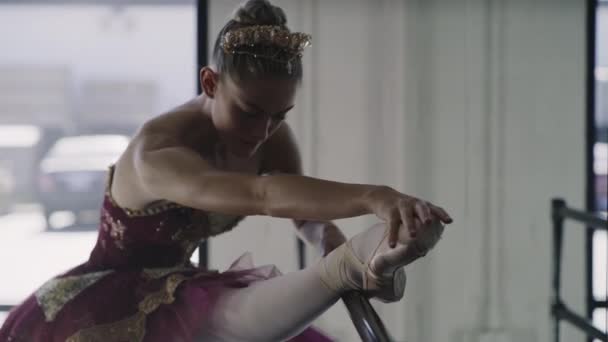 美国犹他州莱希芭蕾舞团中芭蕾舞演员伸展腿的反思 — 图库视频影像