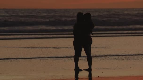 Silhouette Coppia Romantica Che Tiene Mano Bacia Sulla Spiaggia Dell — Video Stock