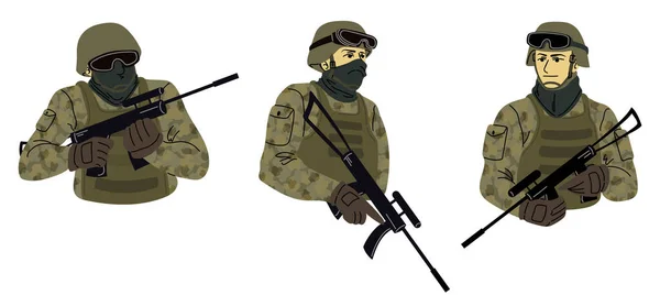 Soldater Uniform Med Maskingevær Sett Med Vektorillustrasjoner Isolert Hvit Bakgrunn – stockvektor