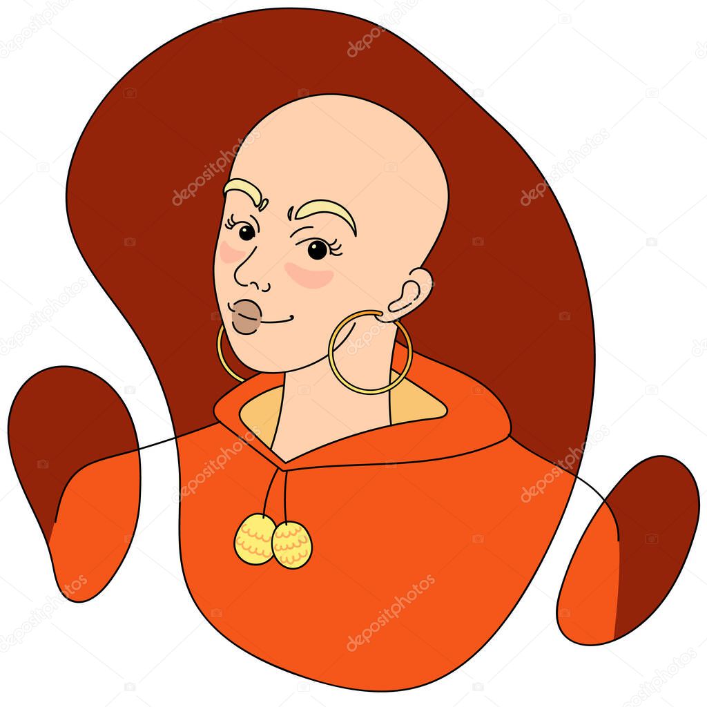 Bald woman with large earrings. A strong woman in a hoodie. Portrait. Vector illustration on a white background.