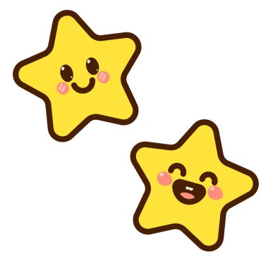 Gülen yüzlü sevimli yıldızlar. Beyaz arkaplanda izole edilmiş kawaii vektör çizimleri kümesi.