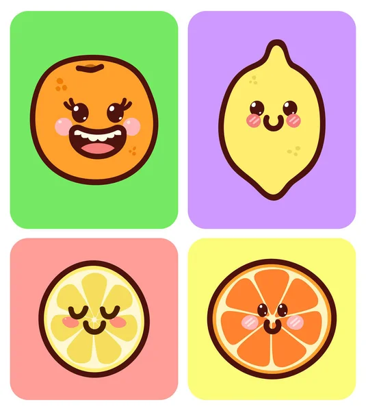 Citruses Smiling Faces Kawaii Fruits Colored Background Set Cute Vector — 스톡 벡터