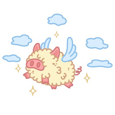 Kanatlı tüylü domuz. Kawaii karakteri bulutlarda uçuyor. Fantezi hayvanı. Vektör illüstrasyonu beyaz arkaplanda izole edildi.