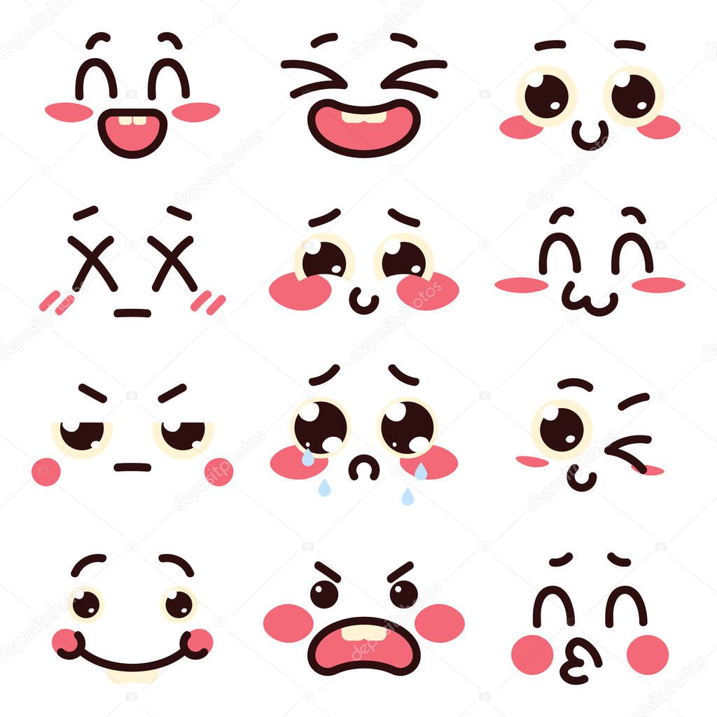 Kawaii faces. Different emotions. Vector set illustrations isolated on white background.