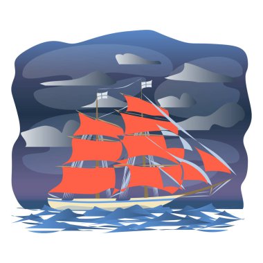 Gemi gece yelken açıyor. Düz stil. Beyaz arkaplanda izole edilmiş vektör.